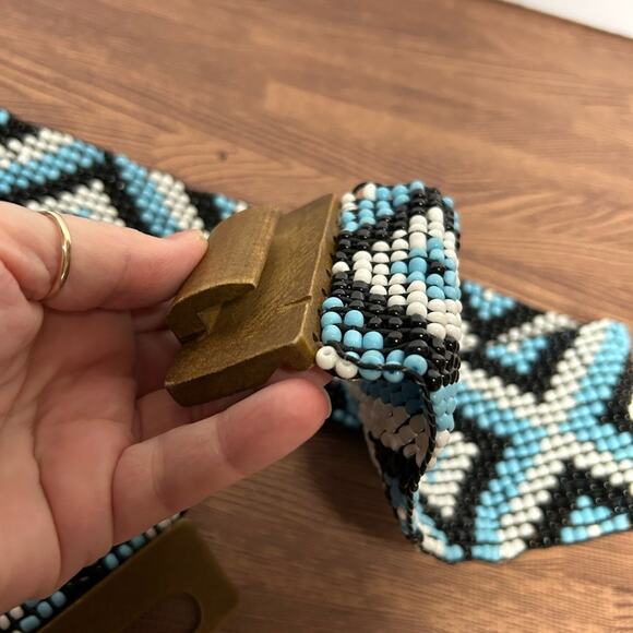 Vintage Boho Beaded Belt Wooden Buckle Wide Tribal Southwestern Stretch One Size main image 6
